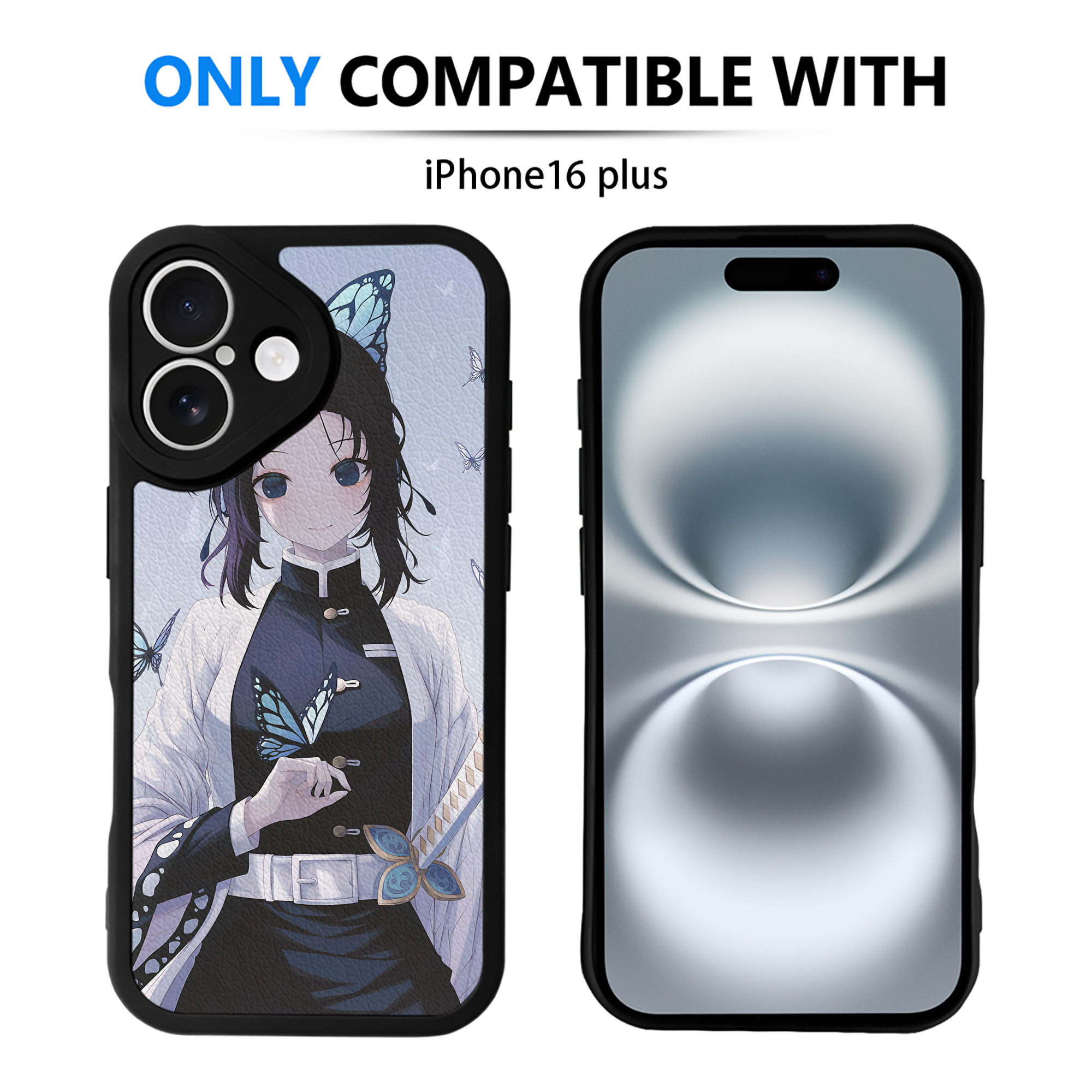 （画像用） 鬼滅の刃（きめつのやいば）蟲柱-胡蝶 しのぶ／こちょう しのぶ Kochou Shinobu 【iPhone 16シリーズ対応】シリコンスマホケース（レザー調） 材質：シリコン